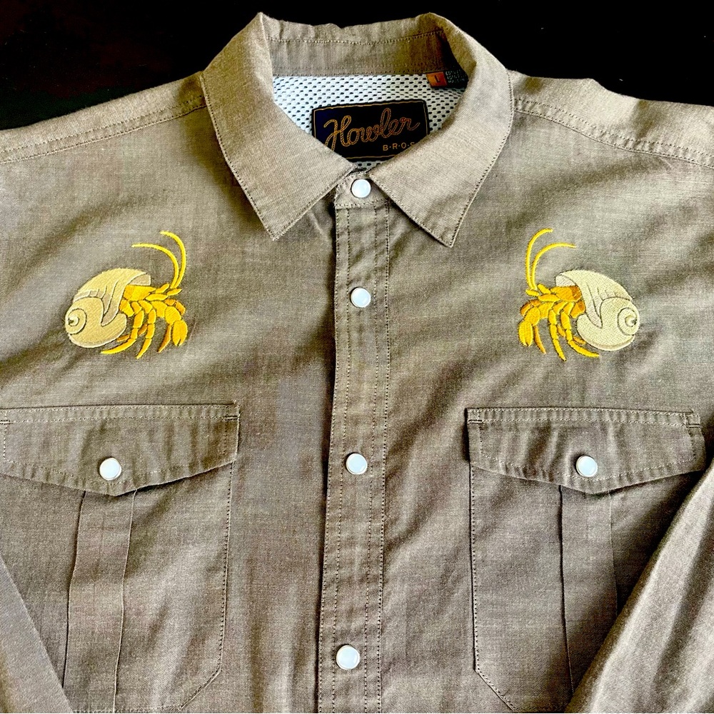 Howler Brothers Gaucho Hermit Crab Western Cowboy Pearl Snap Brown Shirt Size L